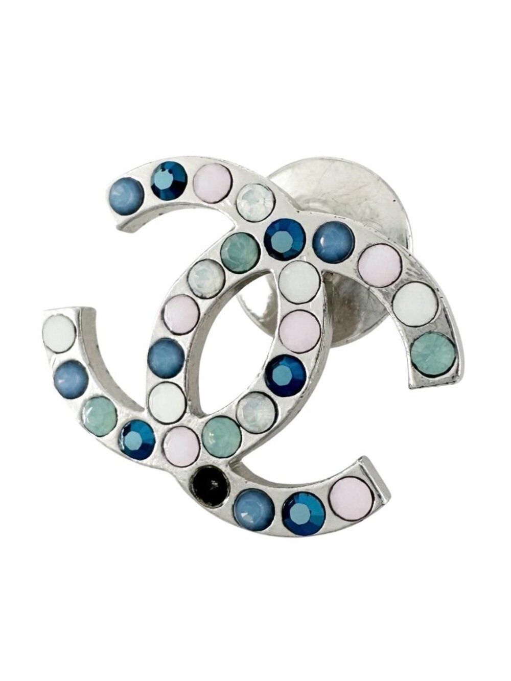 Chanel CC Logo Rhinestone Silver Brooch